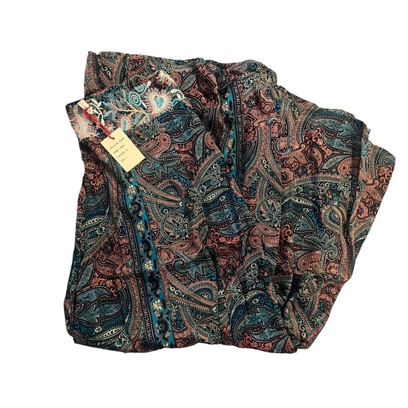 Raga Mystic Garden Turquoise Paisley Print Embroidered Wide-Leg Pants Size Large - Picture 2 of 4